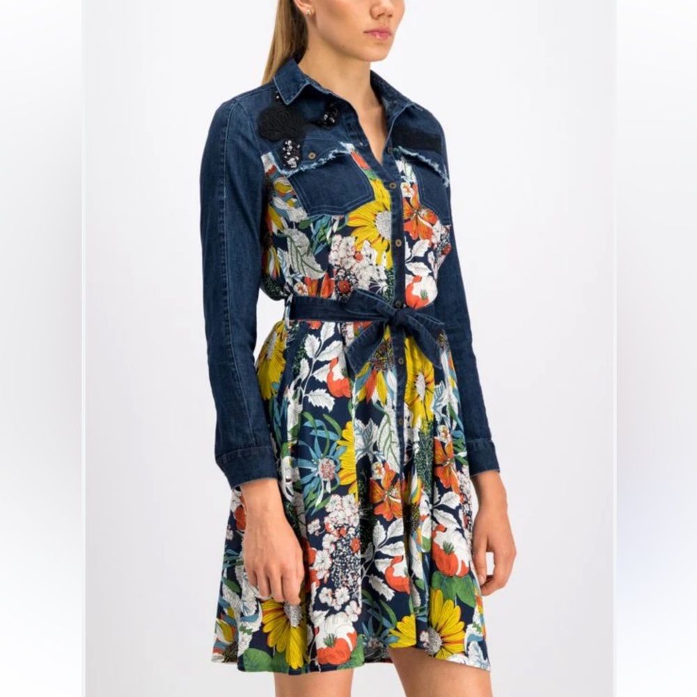 NWT Desigual Virginia Vibrant Floral Denim Midi Dress